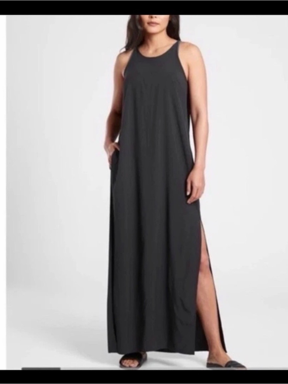 Athleta Hayes Pleated Black Maxi Dress Size Small Travel Minimalist Side Slit